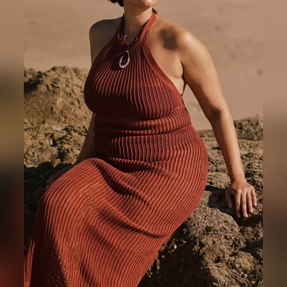 Beach Riot for Anthropologie Halter Crochet Cover-Up Dress, Reddish Brown, 1X - Picture 3 of 14